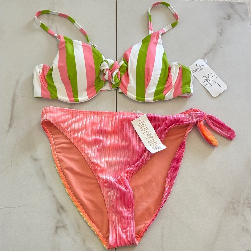 Nwt Dippin’ Daisy’s Striped Pink Green High Waisted Velvet Bikini Set